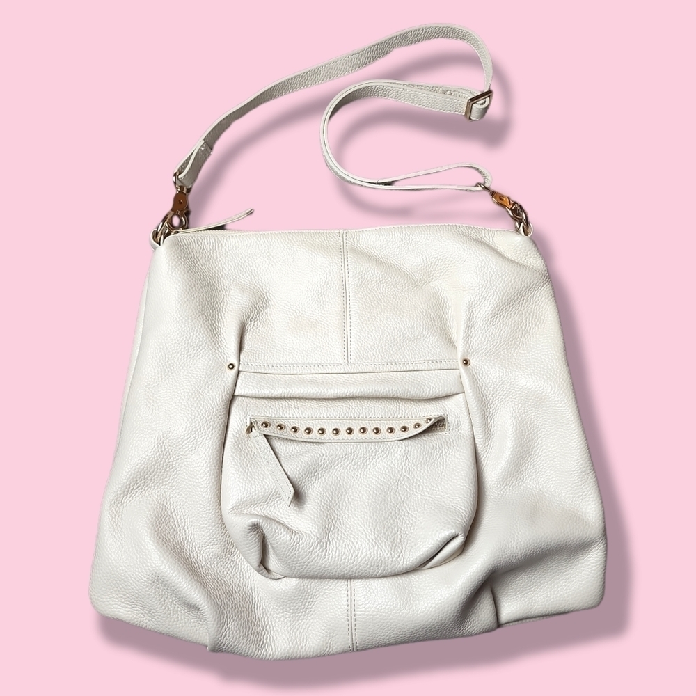 Cream Pebbled Leather Hobo Bag with Front Zip Pocket